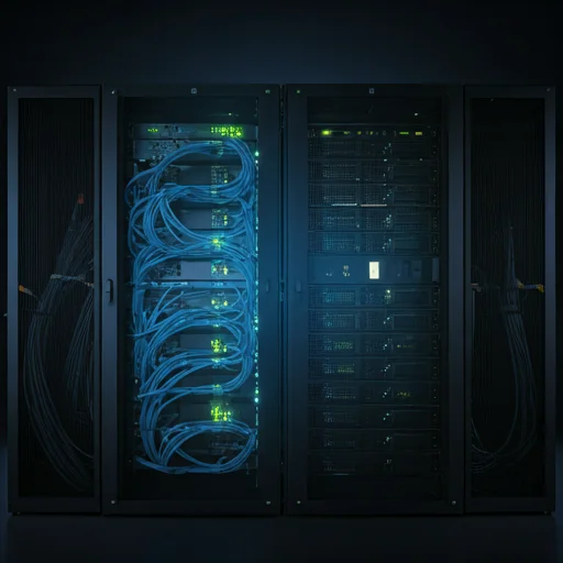 Vooraanzicht van een professionele serverrack gevuld met netwerkhardware, verlichte statusindicatoren en gestructureerd kabelbeheer, wat de backend-infrastructuur vertegenwoordigt die esports-streamingplatforms, wedstrijdanalysesystemen en grootschalige digitale contentleveringsomgevingen ondersteunt.