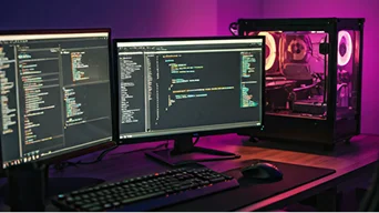 Moderne dual-monitor werkplek met programmeerinterfaces en ontwikkeltools naast een transparante pc-behuizing met verlichte interne componenten, wat de technische kant van gaminginfrastructuur, softwareomgevingen en esports-gerelateerde digitale productieprocessen vertegenwoordigt.