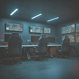 Interieur van een esports-operatie- of strategiecontrolekamer met meerdere ergonomische stoelen en grote aan de muur gemonteerde schermen die wedstrijdanalyses en tactische dashboards tonen, wat de infrastructuur illustreert die teams en analisten gebruiken ter voorbereiding op competitieve gamingevenementen.