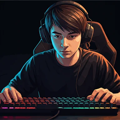 Geïllustreerd portret van een gefocuste esports-speler die een professionele gamingheadset draagt terwijl hij actief een RGB-mechanisch toetsenbord gebruikt tijdens een intense competitieve sessie, wat concentratie, reactietijd en technische precisie vertegenwoordigt die vereist zijn in moderne digitale esports-omgevingen.