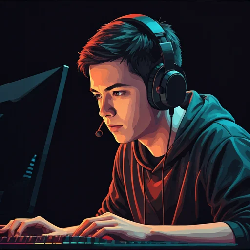 Portretstijl illustratie van een geconcentreerde esports-speler die een professionele gamingheadset draagt terwijl hij naar een monitor kijkt tijdens een intense competitieve wedstrijd, waarbij de psychologische focus en reactietijd die nodig zijn in digitale competitie op hoog niveau worden vastgelegd.