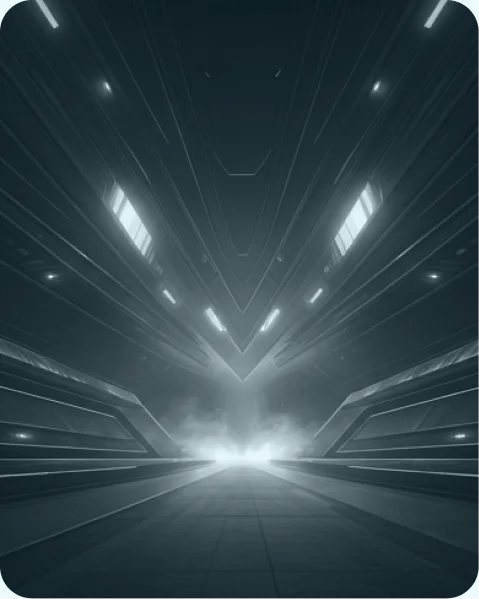 Symmetrische futuristische gang verlicht met blauw neonlicht die leidt naar een helder centraal podiumgebied, wat een hightech esports-locatie-ingang of competitieomgeving vertegenwoordigt ontworpen voor meeslepende toernooibelevingen, digitale uitzendingen en grootschalige internationale gamingevenementen binnen een moderne arena-infrastructuur.