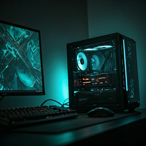 Close-up van een high-performance gamingcomputer met zichtbare interne componenten, verlichte koelventilatoren en transparant ontwerp van de behuizing, wat geavanceerde hardwareconfiguraties vertegenwoordigt die vaak worden gebruikt voor competitief gamen, streamingproductie en esports-trainingsomgevingen.