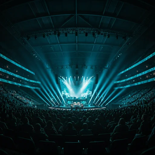 Breedbeeld van een grote esports-arena gevuld met toeschouwers die een live competitief gamingevenement bekijken op een centraal podium verlicht door dynamische lichteffecten, wat de schaal en sfeer van internationale toernooien binnen het wereldwijde esports-ecosysteem weergeeft.