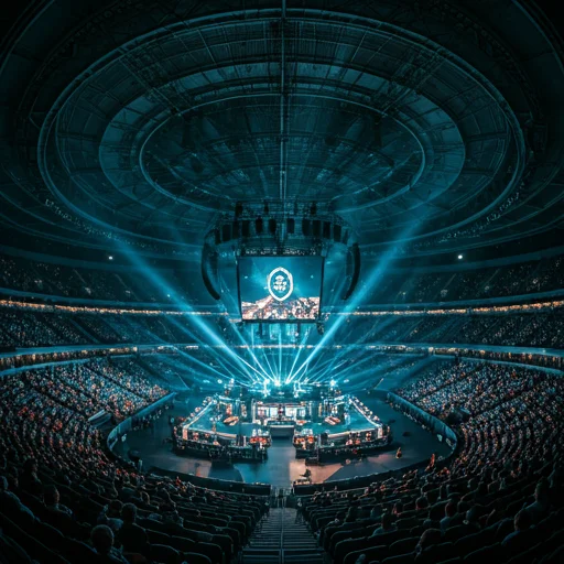 Breed panoramisch uitzicht op een grote indoor esports-arena gevuld met duizenden toeschouwers die een live professioneel toernooi bekijken op een centraal verlicht competitiepodium, met hangende digitale schermen, dramatische lichteffecten en broadcast-infrastructuur die de schaal, organisatie en wereldwijde publieksbetrokkenheid van grote internationale esports-kampioenschappen weerspiegelt.
