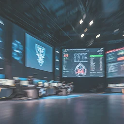 Breed perspectief van een professioneel esports-arena-podium uitgerust met enorme digitale schermen en verlichte competitiezones, voorbereid op live wedstrijden, wat de schaal en productiekwaliteit van internationale esports-toernooien en publieksbetrokkenheid weerspiegelt.
