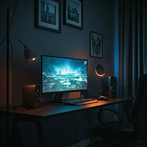 Moderne minimalistische gamingwerkplek met een breedbeeldmonitor, compacte luidsprekers, toetsenbord en bureaulamp in een schone interieuromgeving, die een gefocuste thuisopstelling illustreert geschikt voor streaming, competitieve training of productie van esports-inhoud.