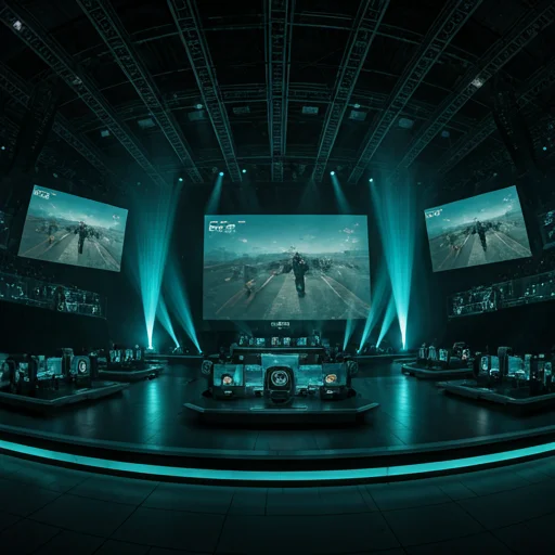 Breedhoekperspectief van een professioneel esports-toernooipodium met meerdere grote beeldschermen, competitieposten en dramatische lichteffecten ontworpen voor live wedstrijden, wat de productieschaal en technische organisatie illustreert die typisch zijn voor internationale gamingkampioenschappen.