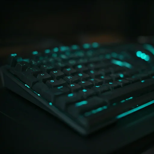 Close-up van een RGB-mechanisch gamingtoetsenbord dat gloeit bij lage omgevingsverlichting, met nadruk op verlichte toetsen en precisiehardware die vaak door esports-spelers wordt gebruikt voor snelle responsinvoer tijdens competitieve gameplay-sessies en professionele trainingsopstellingen in prestatiegerichte gamingomgevingen.