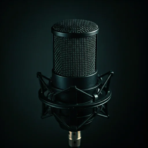 Gedetailleerde close-up van een professionele condensatormicrofoon gemonteerd in een schokabsorberend frame, vaak gebruikt voor esports-commentaar, live streaming-sessies, podcastproductie en toernooibroadcasting binnen digitale gamingmediastudio's.