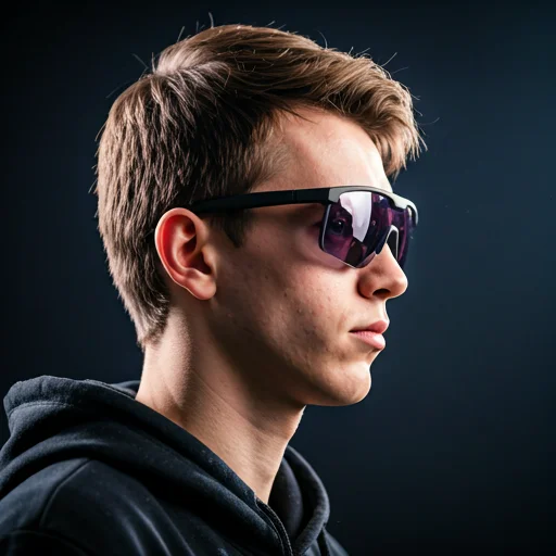 Zijaanzichtportret van een jonge esports-speler die prestatiegamingbrillen draagt die zijn ontworpen om schermreflecties en oogvermoeidheid te verminderen tijdens langdurige competitieve sessies, wat focus, visuele optimalisatie en voorbereiding op professionele gameplay-omgevingen vertegenwoordigt.